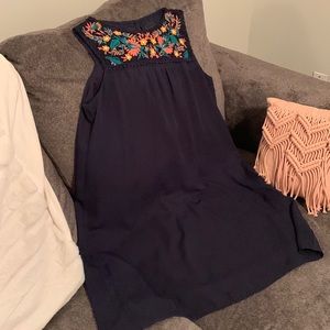 Navy Blue Smock Dress with flower embellishment. Size 12. Brand AUW